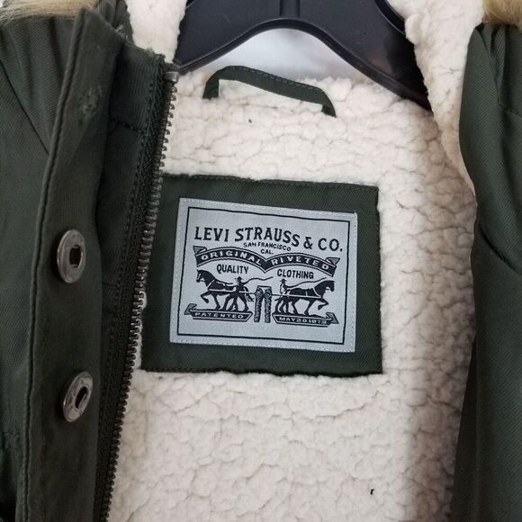 Levis Jacket Womens  Green Faux Fur Hooded Sherpa Lined Nylon Parka Sz M - Picture 7 of 11
